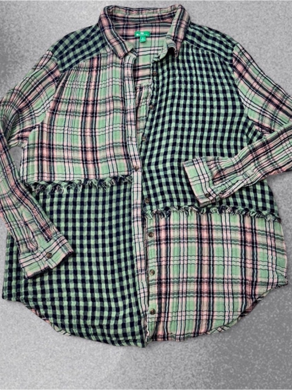 DIP Button Down Plaid GreenPatchwork Grunge Alt Organic Cotton